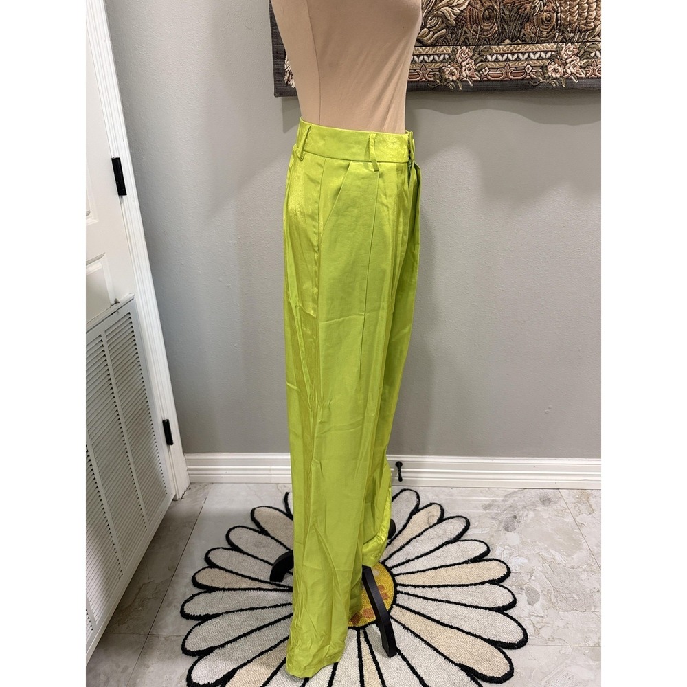 Nasty Gal Pants Womens 4 Green Satin Wide Leg Pleated High Waist Zip Pockets - Picture 2 of 7